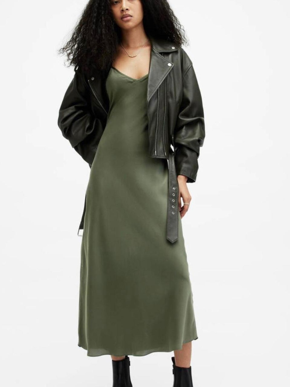 AllSaints Olive Green Slip Midi Dress